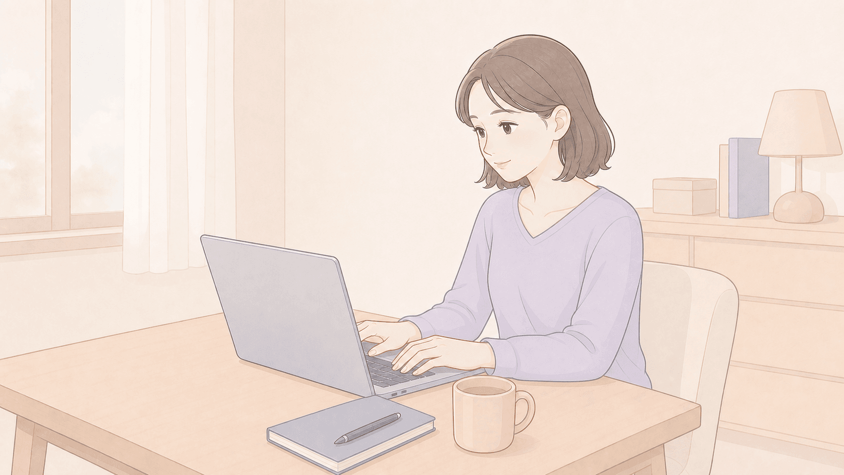 ノートパソコンで調べものをする女性のイラスト