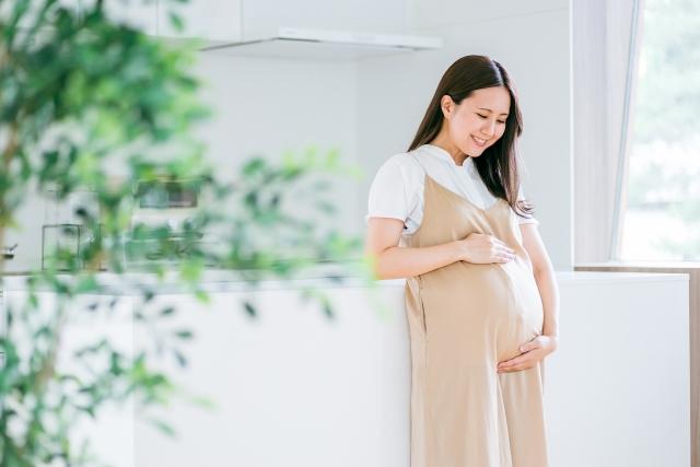 窓辺のソファでおなかに手を添えてほほえむ妊婦さん